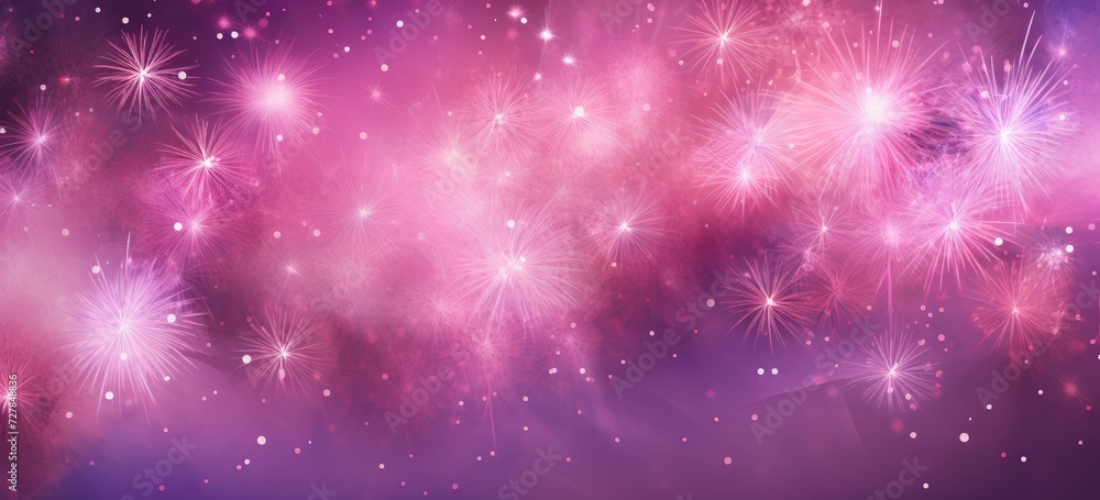 Poster a captivating display of enchanting pink fireworks and sparkling bokeh set against a soft purple gra