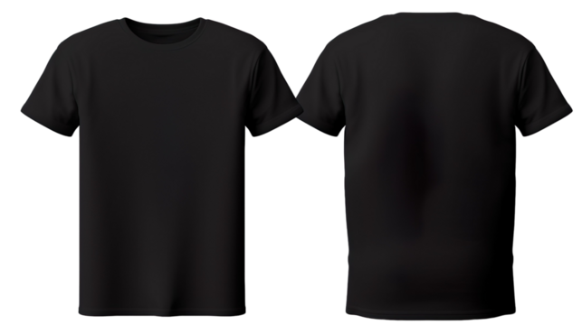 Black classic t-shirt front and back in pure black without logo on transparent background