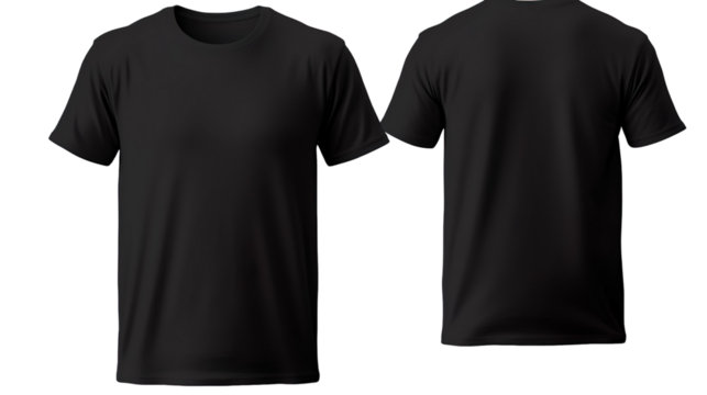 Black classic t-shirt front and back in pure black without logo on transparent background