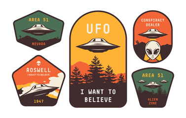Aliens and ufo set of vector emblems, labels, badges or logos. Roswell incident. Retro ink style.
