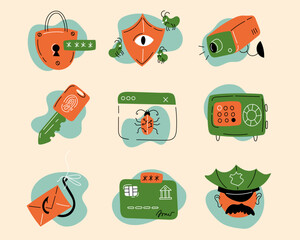 Vector set of security hand drawn icons. Bundle of cyber security icons vector illustrations. Contains icons of lock, bugs, camera, key, credit card, security, envelope.