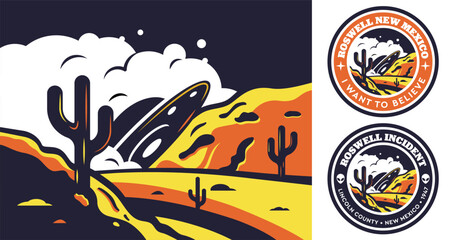 Aliens and ufo set of vector illustration and emblems, labels, badges or logos. Roswell incident. Retro ink style.