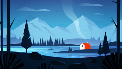 Vector illustration of a mountain landscape. Lake with mountains and forest. A small house on an island and a fishing boat. Scenery in the morning and evening.
