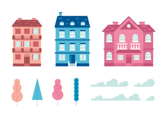 Houses, trees and clouds set. Vector illustration isolated on white background
