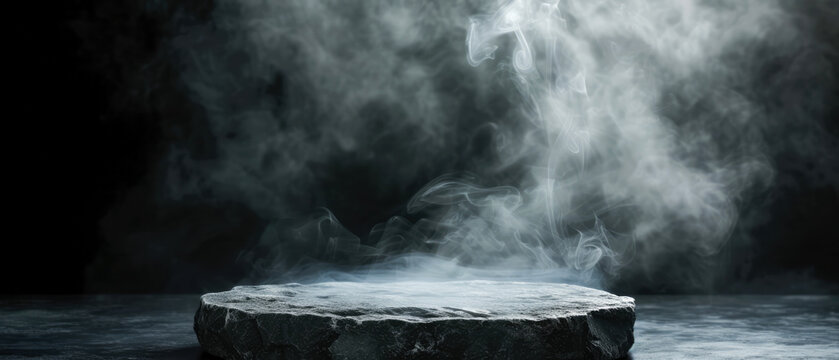 Stone platform, podium with smoke, on dark background. Mock up with lights, shadows effect. Generative AI