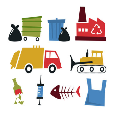 Garbage types set. Bins, bags, factory, truck, bulldozer, garbage types. Vector flat style illustration set. Recycle concept
