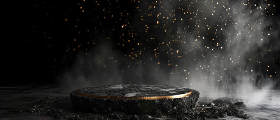 Stone platform, podium with gold shimmer texture, smoke, steam, lights, sparkles on dark background. Mock up with lights effect. Generative AI