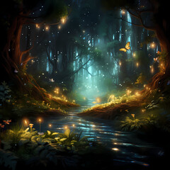 Enchanted forest with glowing fireflies. 