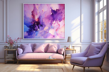 Interior design, Abstract painting on white wall of modern living room interior with purple sofa with pillows