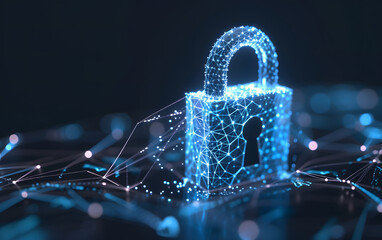 A cyber security concept illustration featuring a futuristic padlock on a blue background, symbolizing intertwined networks with dotted 3D holographic elements.