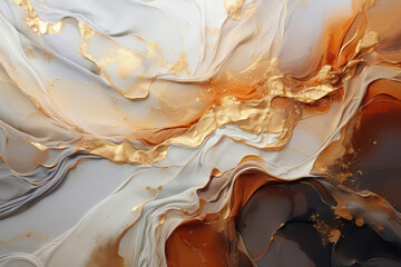 Abstract fluid art background beige and white, orange colors. Liquid marble. Gold