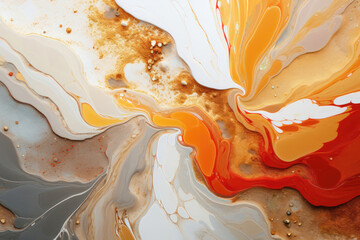 Abstract fluid art background beige and white, orange colors. Liquid marble. Gold