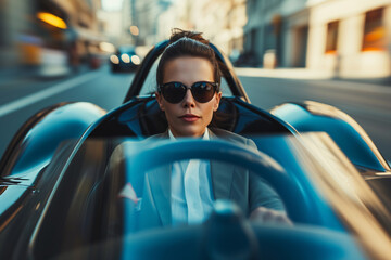 A businesswoman driving a race car, depicting the concept of speed and high performance at the work place