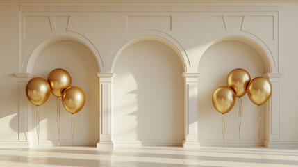 white and gold balloons 3d rendering, in the style of arched doorways, light beige and orange, simplistic vector art, artist's frame, confessional, balloon garland decoration elements frame luxury
