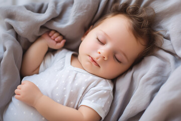 Closeup cute toddler baby sleeping on a cozy bed. Happy toddler child peaceful sleep on a comfortable bed at home. Sweet dreams. Adorable toddler naptime. Family love and tranquility.