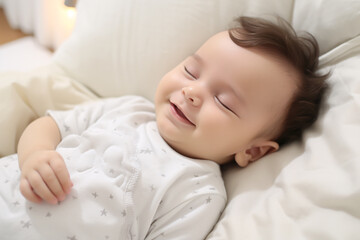 Obraz na płótnie Canvas Closeup cute toddler baby sleeping on a cozy bed. Happy toddler child peaceful sleep on a comfortable bed at home. Sweet dreams. Adorable toddler naptime. Family love and tranquility.