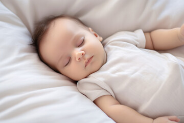 Closeup cute toddler baby sleeping on a cozy bed. Happy toddler child peaceful sleep on a comfortable bed at home. Sweet dreams. Adorable toddler naptime. Family love and tranquility.