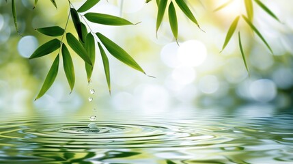 Green bamboo leaves over water with empty space background. AI generated image