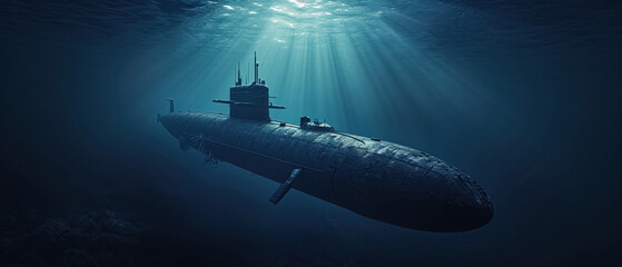 A submarine that is decaying under the sea, under water light blue color, The submarine has lights, background cover banner ultrawide size