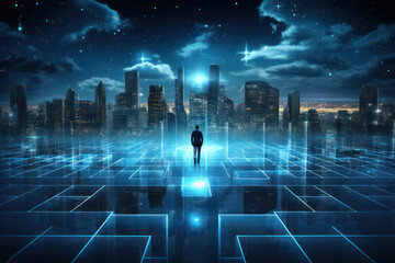 Urban Success: A Futuristic Cityscape with Businessman Walking Towards Career Achievement in the Digital Age