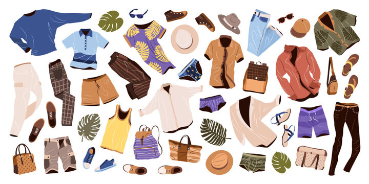 Clothes set in casual style for men. Fashion trendy clothing, accessories, underwear, shoes, hats for spring, summer and vacation. isolated flat vector illustrations on white background.