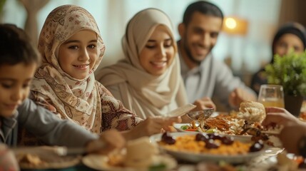 happy muslim family enjoying food together in the dining room