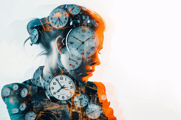 Time pressure, deadline, time running out concept, double exposure photo of the silhouette of a person, and alarm clocks