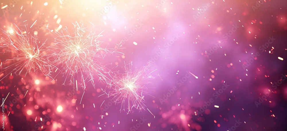 Poster a captivating display of enchanting pink fireworks and sparkling bokeh set against a soft purple gra