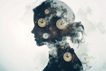 Time pressure, deadline, time running out concept, double exposure photo of the silhouette of a person, and alarm clocks