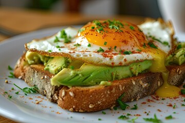 A close-up of a gourmet avocado toast topped with a perfectly fried egg Healthy Breakfast. Egg and Avocado Toast