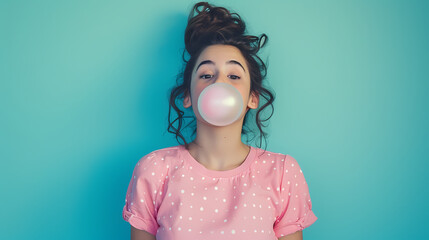 Bubblegum Chic: Croc-Adorned Girl Blowing a Giant Pink Bubblegum Balloon on a Blue Background	