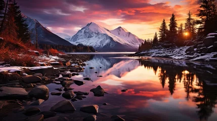 Deurstickers Paars sunset over the river Ai generative HD 8K wallpaper Stock Photographic Image. sunrise over the mountains and river 4k HD quality photo. beautiful landscape wallpaper, HD background wallpaper, 