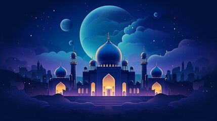 Islamic design illustration concept for Eid al-Adha celebration event or sacrifice for web landing page, banner, presentation, poster, advertisement, promotion or print media - obrazy, fototapety, plakaty