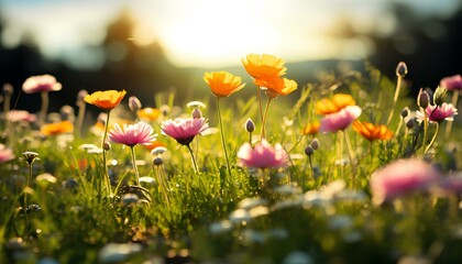 field of flowers with sun shining during spring time. Flower meadow full of colorful flowers. Meadow with flowers. Purple flower. Orange flower. White flower