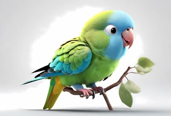 A Adorable 3d rendered cute happy smiling and joyful baby Budgerigar  cartoon character on white backdrop