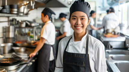 Fototapeta na wymiar Young Asian female cook in professional restaurant kitchen, team of cooks in the background