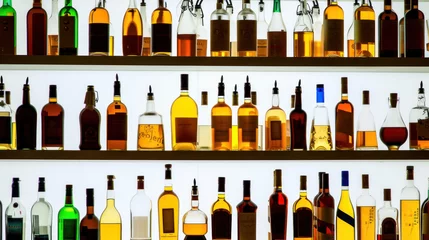 Fototapeten A lot of different bottles sitting on bar shelf, back light © Kondor83