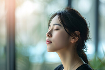 Breathing exercise, being in the moment, mindfulness concept, a woman taking a deep breath