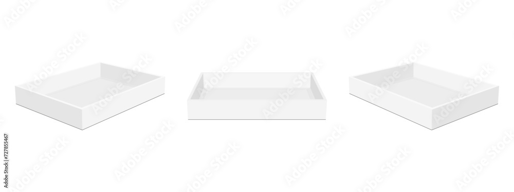 Poster empty rectangular tray boxes mockups, front and side view, isolated on white background. vector illu