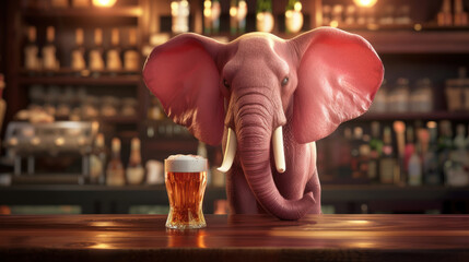 Pink elephant with beer in restaurant - alcoholism, alcohol psychosis concept - obrazy, fototapety, plakaty