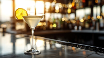 Martini cocktail on bar counter, modern interior, sunset light