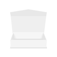 Empty Rectangular Box WIth Opened Lid, Front View, Isolated On White Background. Vector Illustration