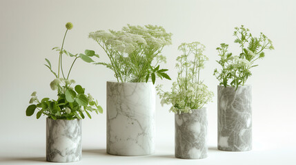 white marble vases with greenery around them, in the style of nature-based patterns, minimalist backgrounds, Flowers in a vase, captivating, textural richness, Flower bouquet tied with linen marble 