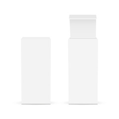 Blank Tall Paper Rectangular Packaging Boxes, Opened And Closed Lid, Front View, Isolated On White Background. Vector Illustration