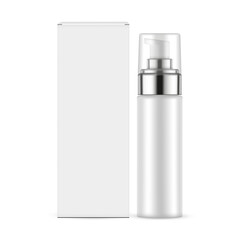 Blank Airless Pump Bottle With Metallic Cover, Transparent Cap And Paper Box, Front View, Isolated On White Background. Vector Illustration