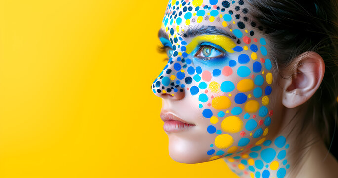 Vibrant Expressions: Woman with Monochromatic Blue and Yellow Pointillist Face Paint. Generative AI, monochromatic mastery