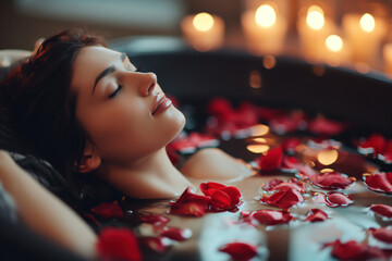 Close-up of a beautiful, sensual woman relaxing in a black tub with red rose petals floating on it. Valentine's Day pleasure - obrazy, fototapety, plakaty