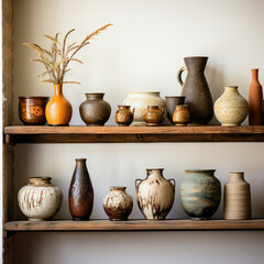 Fototapeta na wymiar Collection of ceramic pottery on wooden shelves ideal for interior design and home decor concepts