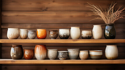 Collection of handcrafted pottery on wooden shelves ideal for home decor or interior design advertisements