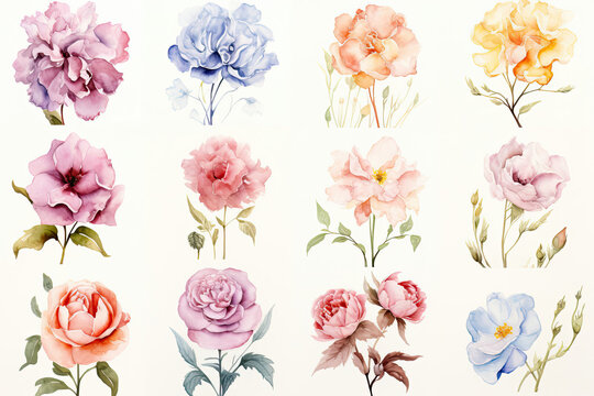 Watercolor flower collection suitable for home decor and stationery with a serene and tender romantic atmosphere featuring roses peonies and delicate blooms in soft hues